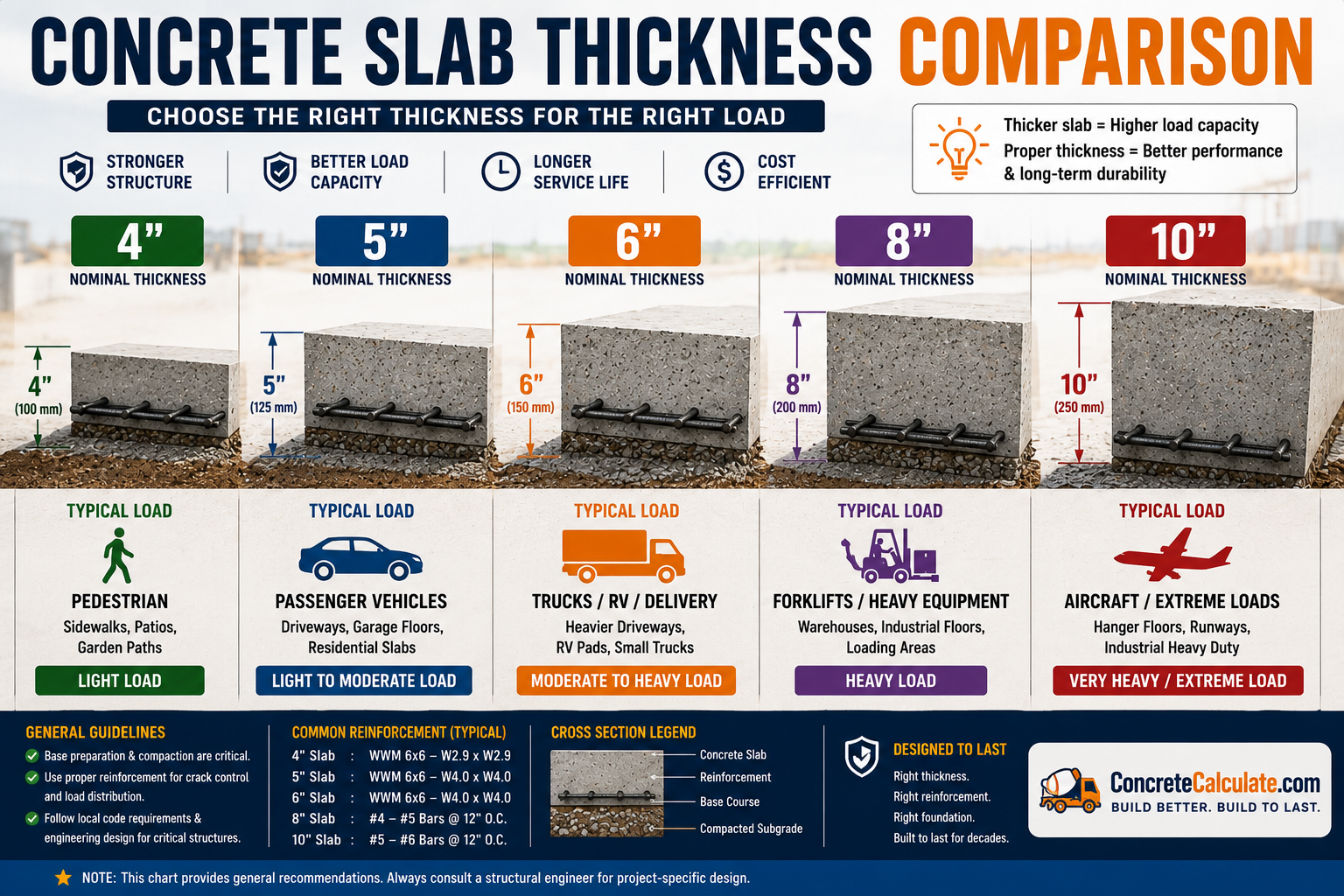 Concrete slab thickness comparison chart showing 4-inch, 5-inch, 6-inch, 8-inch, and 10-inch concrete slabs with recommended applications, load capacities, reinforcement, and typical uses for residential, commercial, and industrial construction.