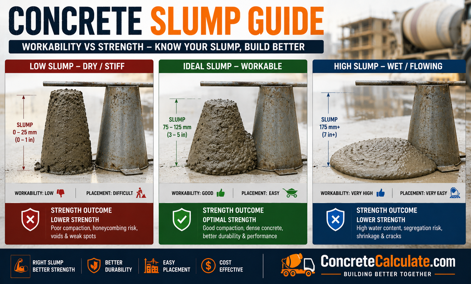 Concrete slump guide infographic comparing low slump (0–25 mm), ideal slump (75–125 mm), and high slump (175 mm+) concrete, showing workability, placement ease, and strength outcomes with slump cone examples.