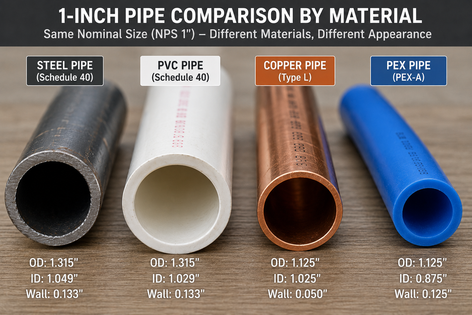 Side-by-side comparison of 1-inch nominal (NPS 1) steel, PVC, copper, and PEX pipes, showing differences in outside diameter (OD), inside diameter (ID), wall thickness, and material appearance. The image highlights how the same nominal pipe size varies across common plumbing materials.