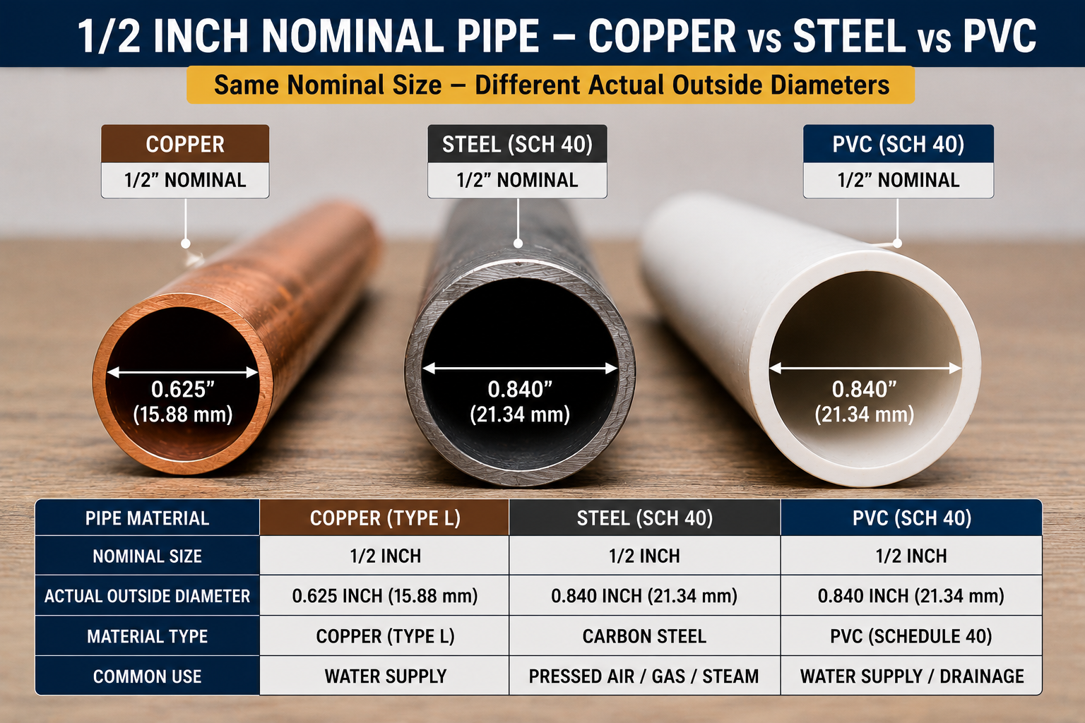 Comparison of 1/2-inch nominal copper, Schedule 40 steel, and Schedule 40 PVC pipes showing actual outside diameters, material types, and common uses.