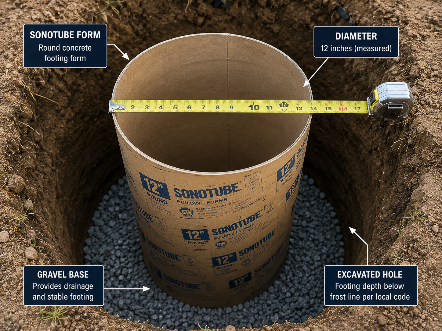 Construction photo showing a 12-inch Sonotube round concrete footing form installed in an excavated hole over a gravel base, with a tape measure verifying the 12-inch diameter and labels identifying the footing form, gravel base, and excavation depth below the frost line.