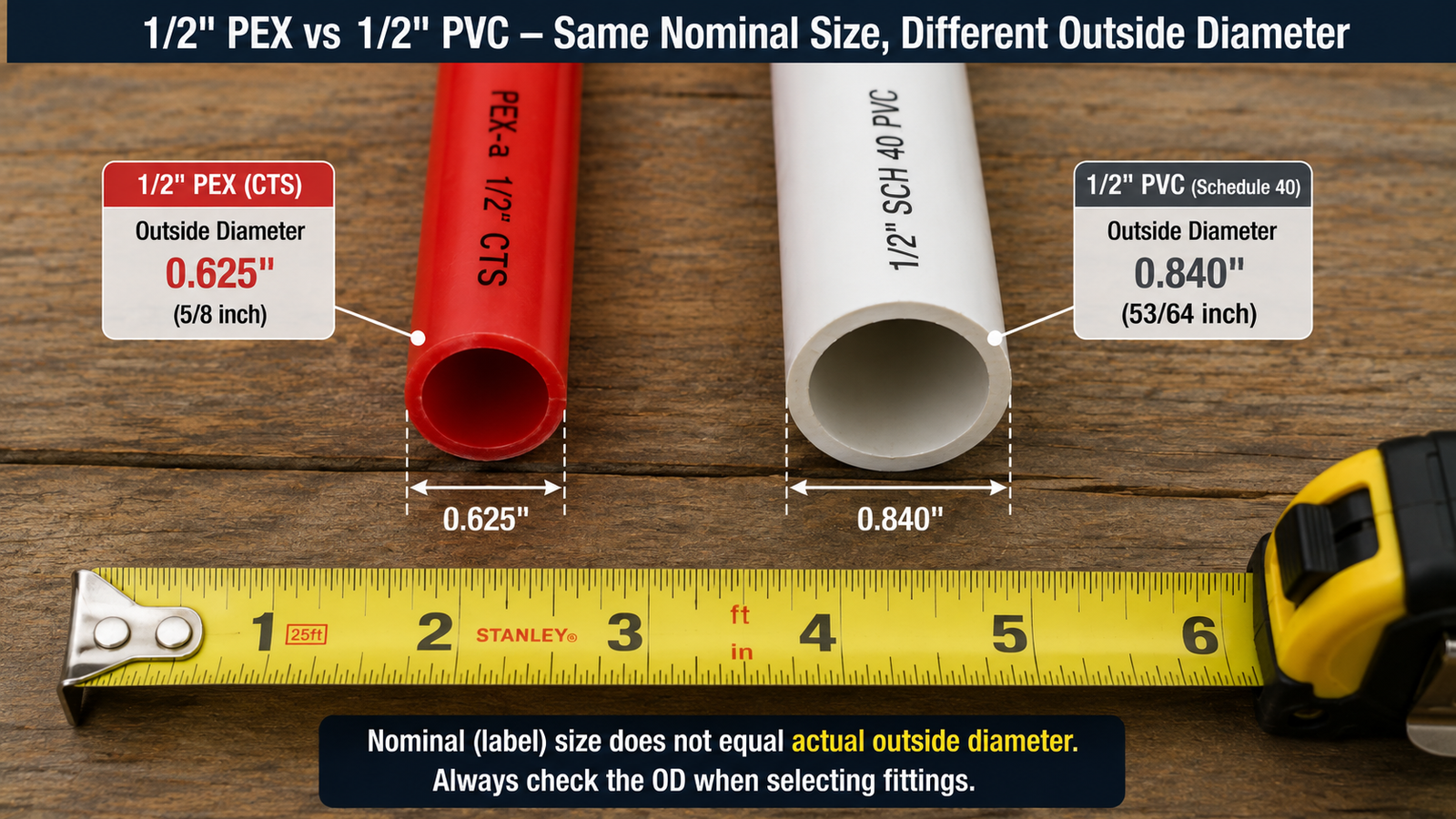 Comparison of 1/2-inch PEX and 1/2-inch Schedule 40 PVC showing different outside diameters