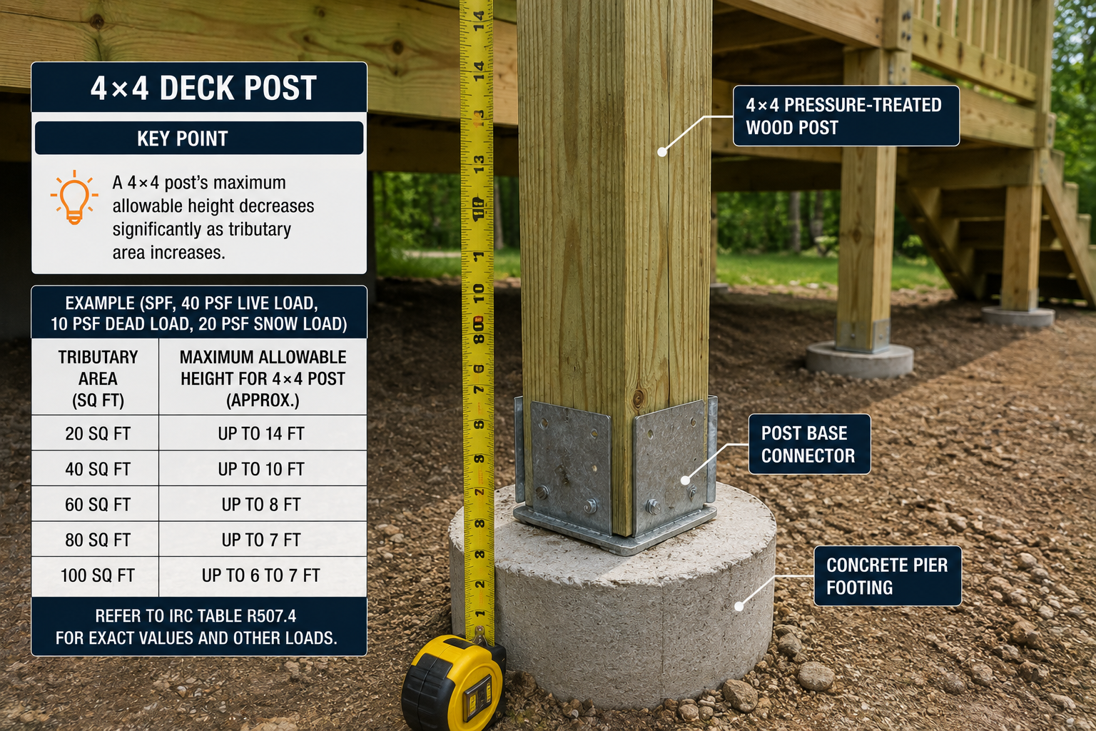 4x4 pressure-treated deck post on a concrete pier showing maximum allowable post height by tributary area.