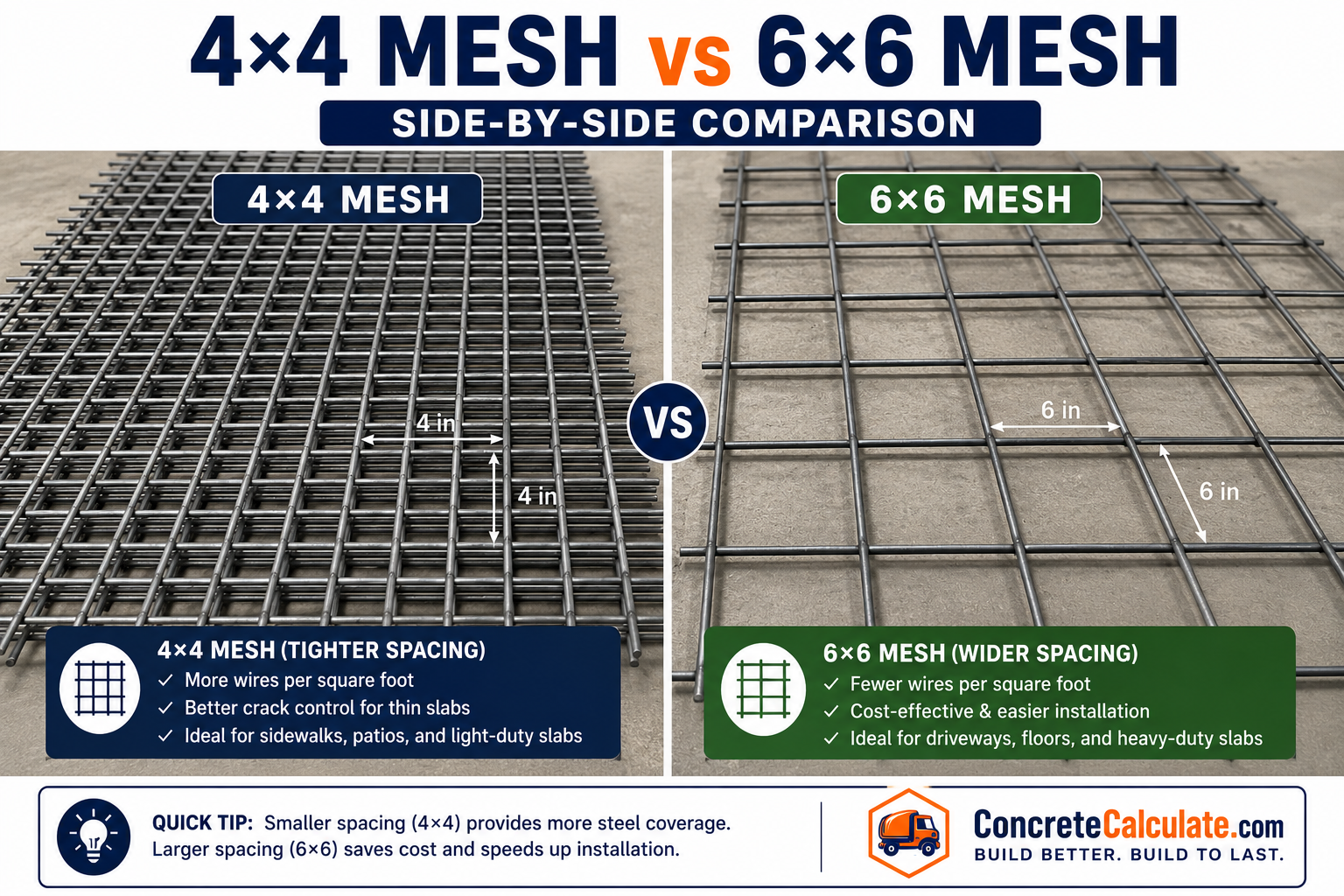 Side-by-side comparison of 4x4 mesh and 6x6 welded wire mesh for concrete reinforcement, showing wire spacing, crack control, steel coverage, installation benefits, and recommended applications for sidewalks, patios, driveways, floors, and concrete slabs.