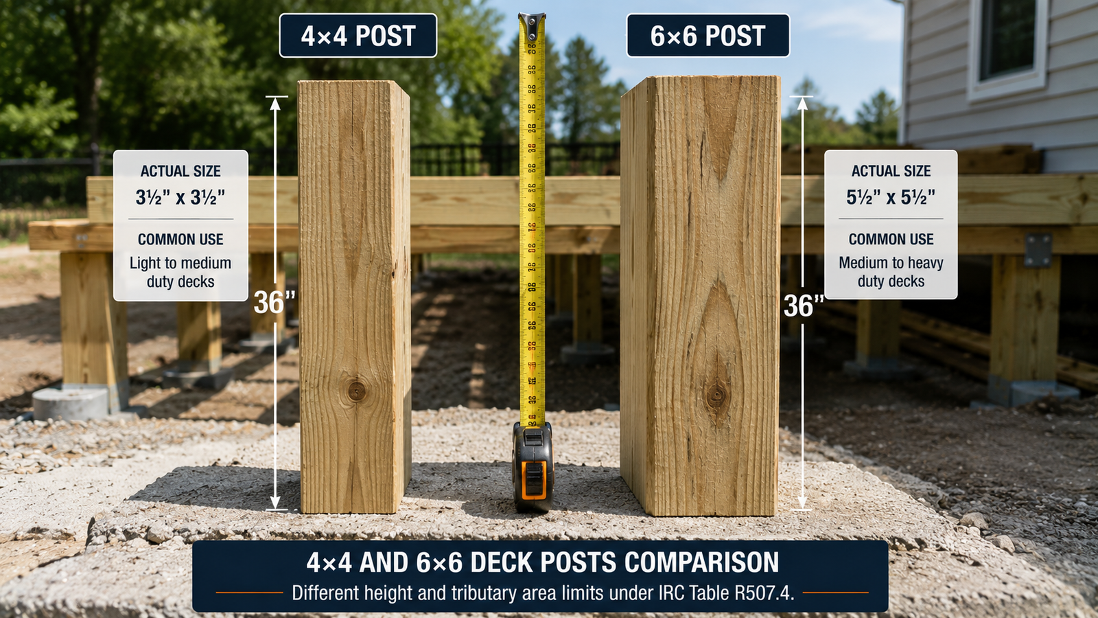 Side-by-side comparison of 4x4 and 6x6 deck posts showing actual dimensions and common deck applications.