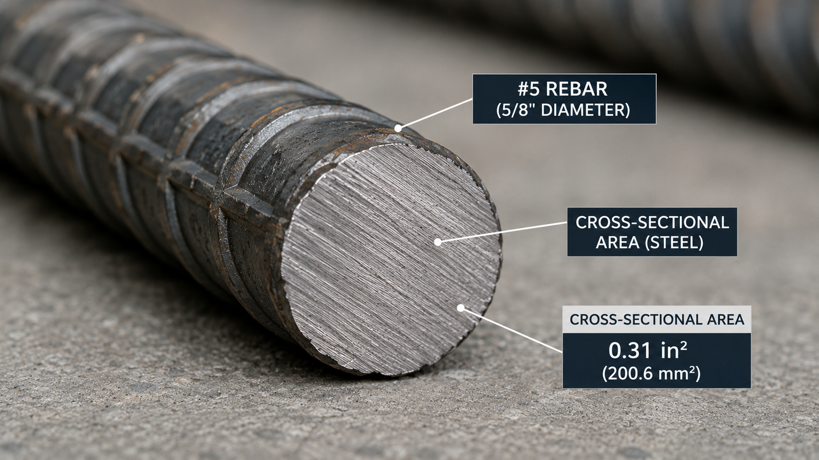 #5 rebar with a 5/8-inch diameter and 0.31-square-inch cross-sectional area