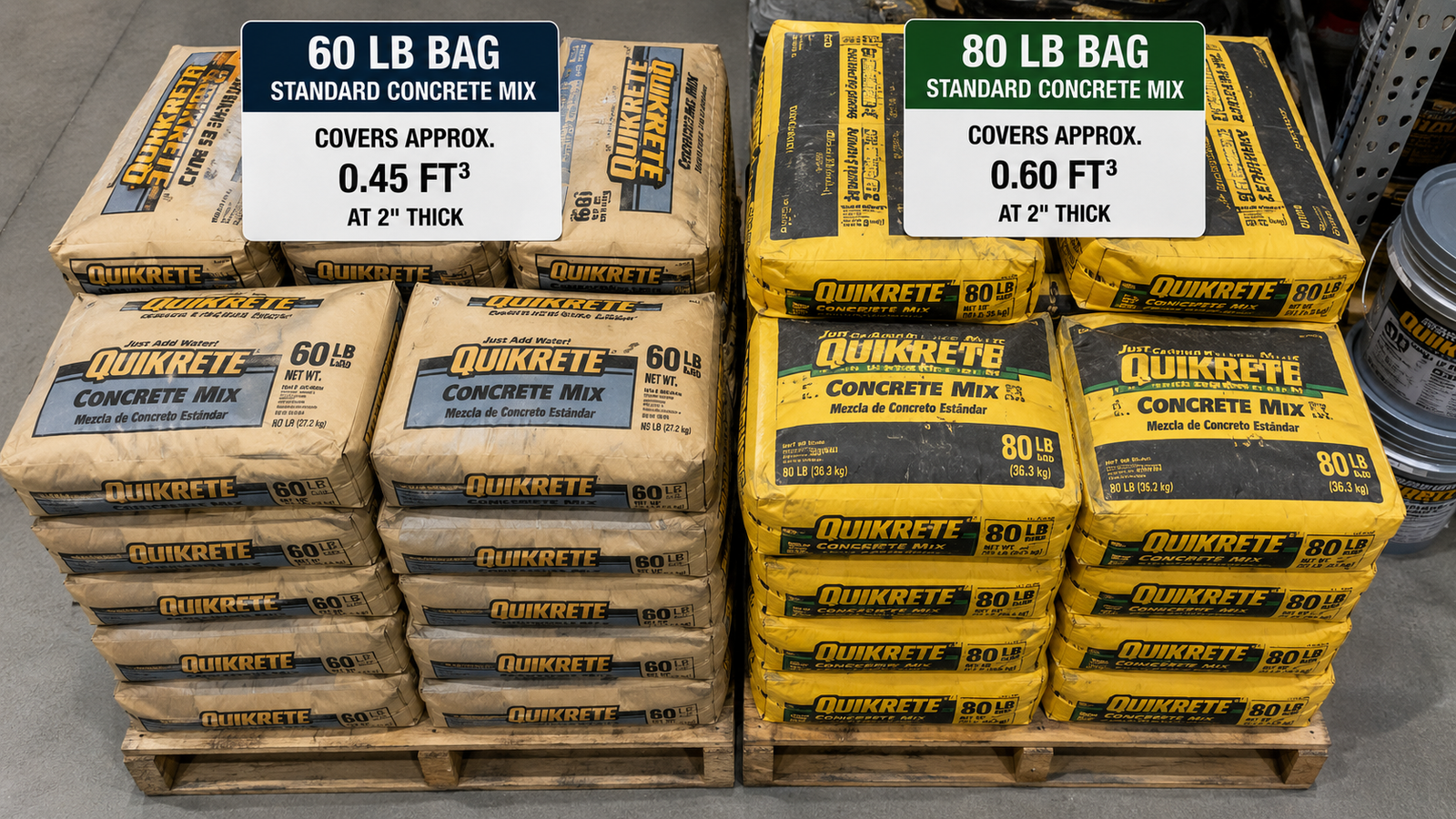 60 lb and 80 lb concrete mix bags compared by approximate concrete yield per bag.