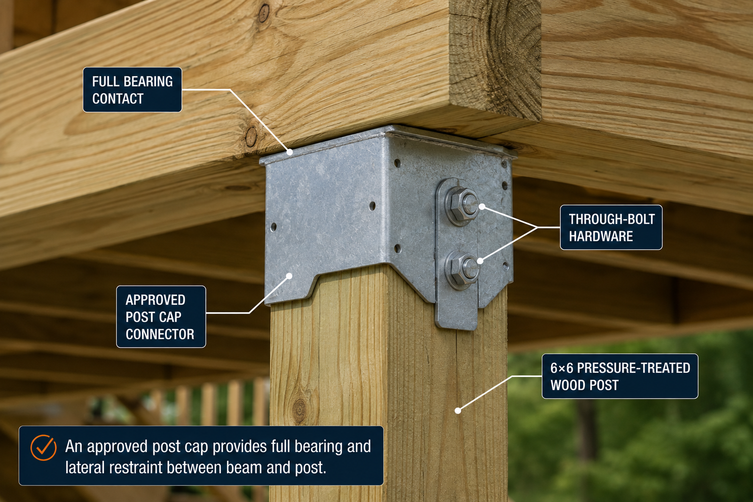 Galvanized post cap connector securing a deck beam to a 6x6 pressure-treated wood post with through-bolt hardware.