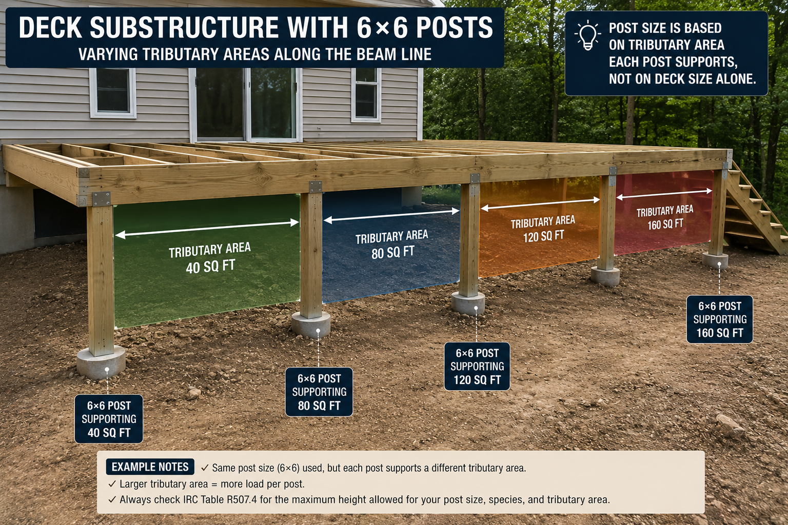 Deck substructure with 6x6 posts showing different tributary areas and loads supported along the beam.