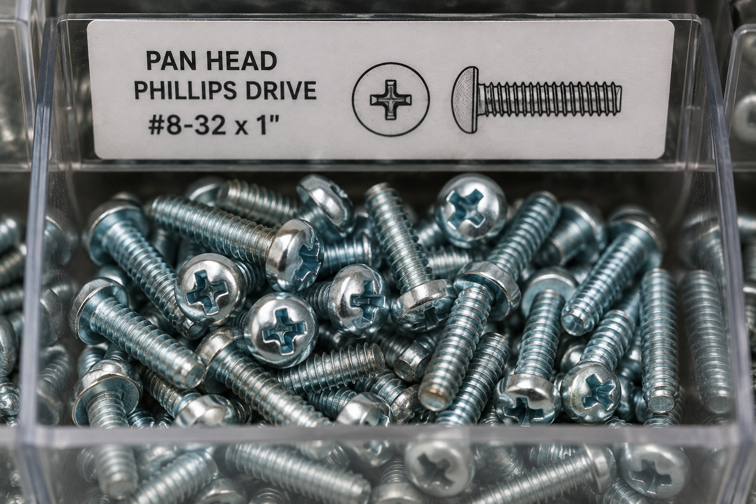 Pan head Phillips-drive machine screws labeled #8-32 x 1 inch in a storage bin