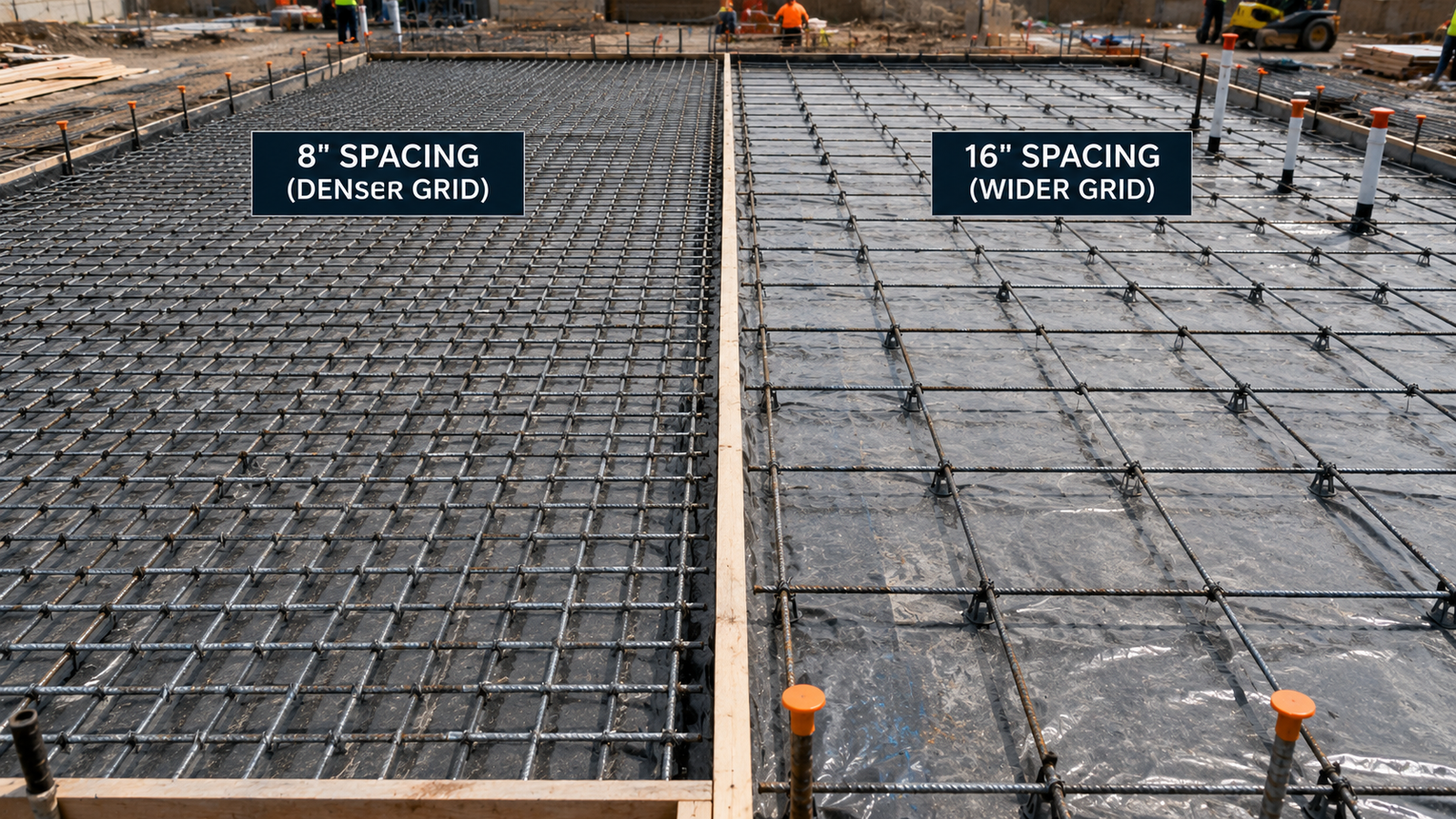 Comparison of 8-inch and 16-inch rebar spacing in concrete slab reinforcement grids