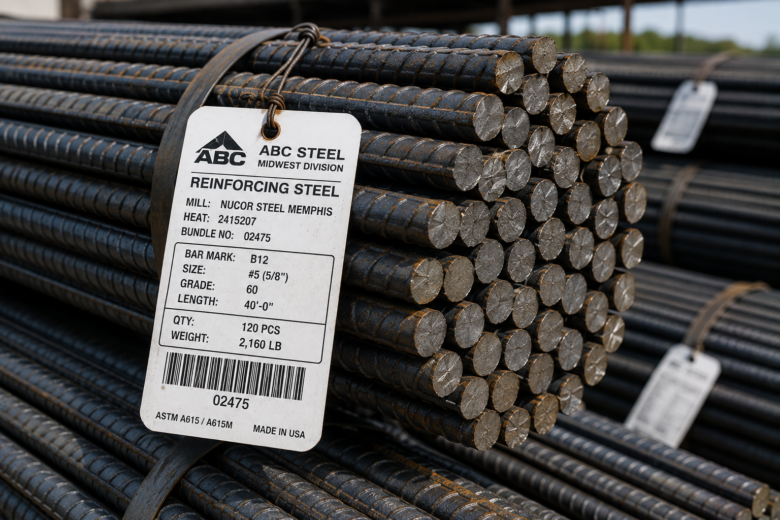 Bundle of #5 Grade 60 reinforcing bars with a tag listing the mill, heat number, bar size, length, and quantity.