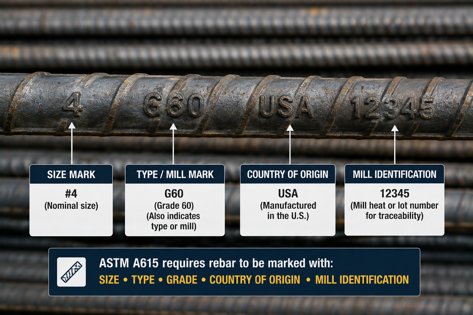 Labeled example of ASTM A615 rebar markings showing bar size, grade, country of origin, and mill identification.