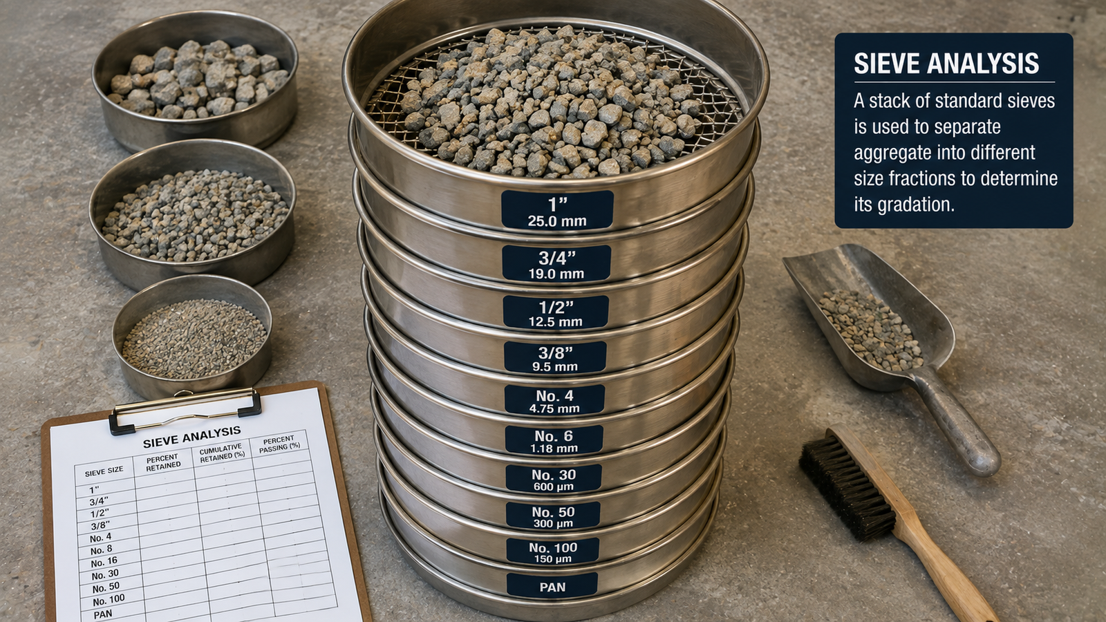 Aggregate sieve analysis setup with stacked standard sieves separating coarse and fine aggregate by particle size.