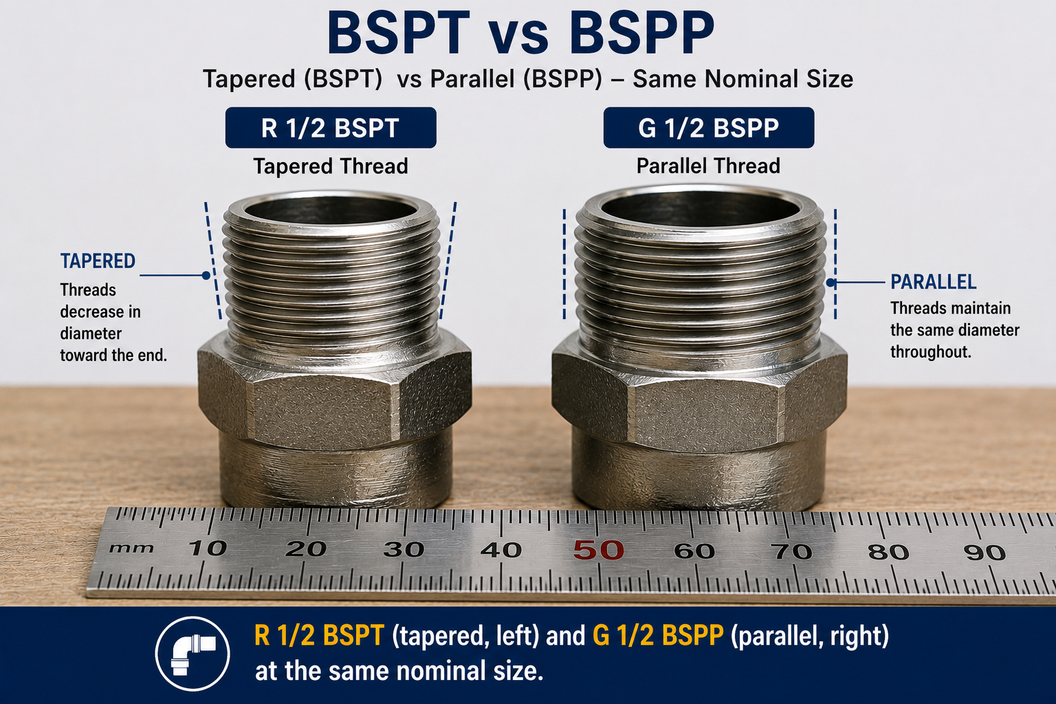 BSPT vs BSPP pipe fittings comparison showing tapered R 1/2 BSPT and parallel G 1/2 BSPP threads