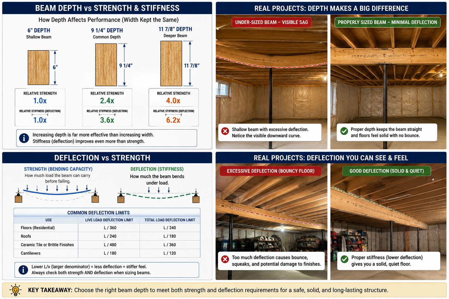 Infographic comparing beam depth, strength, stiffness, and deflection, showing how deeper beams reduce sag and improve structural performance, with examples of properly sized and undersized beams.