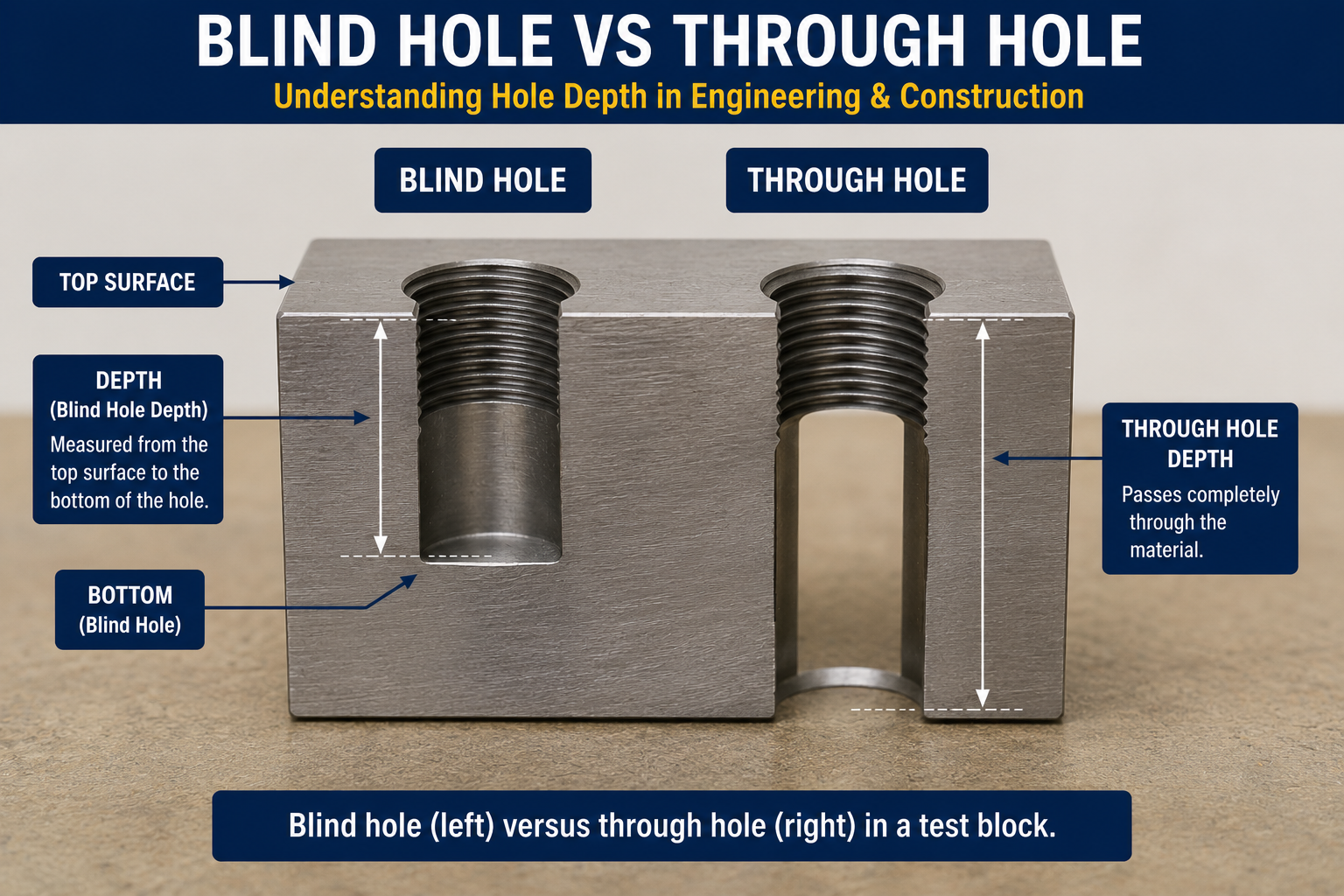 Diagram comparing a blind hole and through hole in a metal test block, showing blind hole depth measured from the top surface and a through hole passing completely through the material.