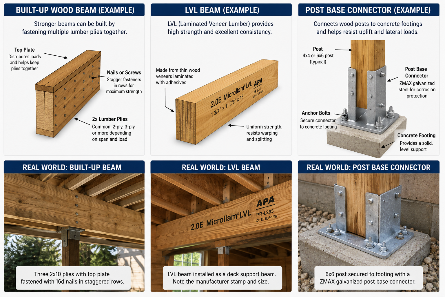 Engineering and real-world comparison showing a built-up wood beam, LVL beam, and galvanized post base connector, with labeled components, fasteners, concrete footing connection, typical 2x lumber plies, and deck framing applications.