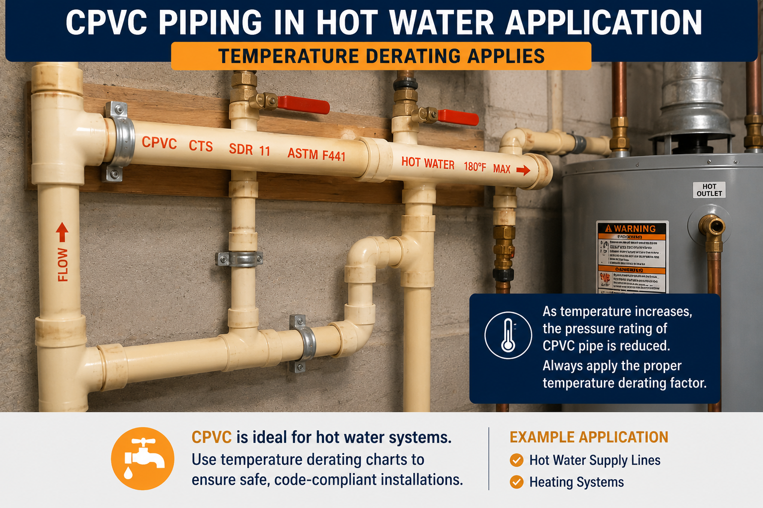 CPVC piping installation for a hot water system showing temperature derating and pressure rating considerations