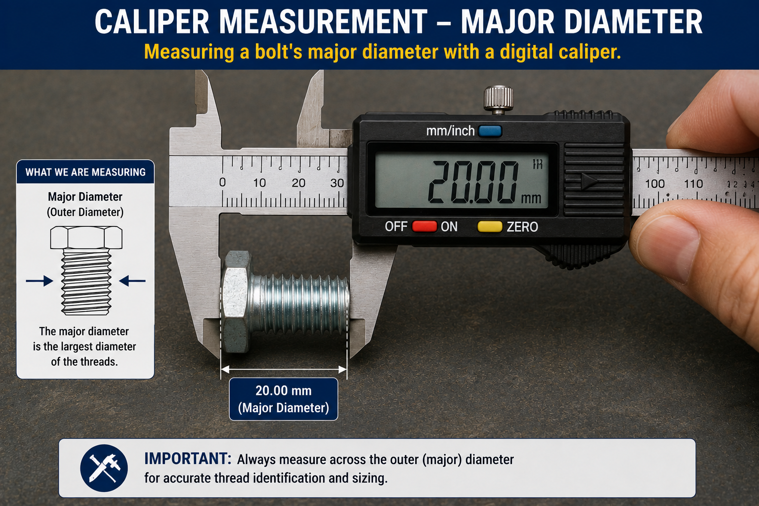 Digital caliper measuring a bolt’s major diameter at 20.00 mm, showing how to measure across the outer diameter of the threads for accurate bolt identification.