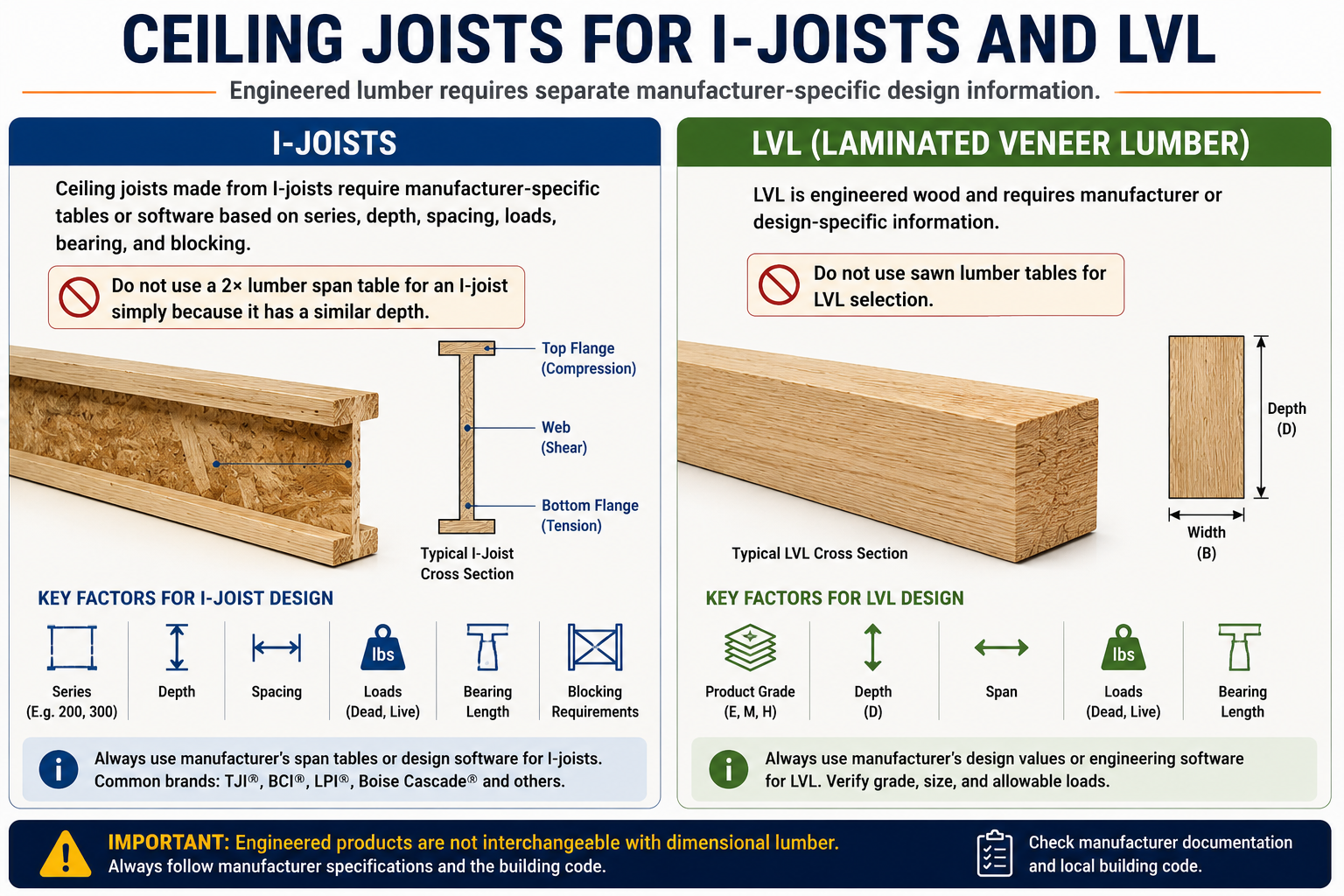 Comparison of ceiling joists using engineered I-joists and LVL lumber, showing key design factors including depth, spacing, span, loads, bearing length, and manufacturer-specific requirements.