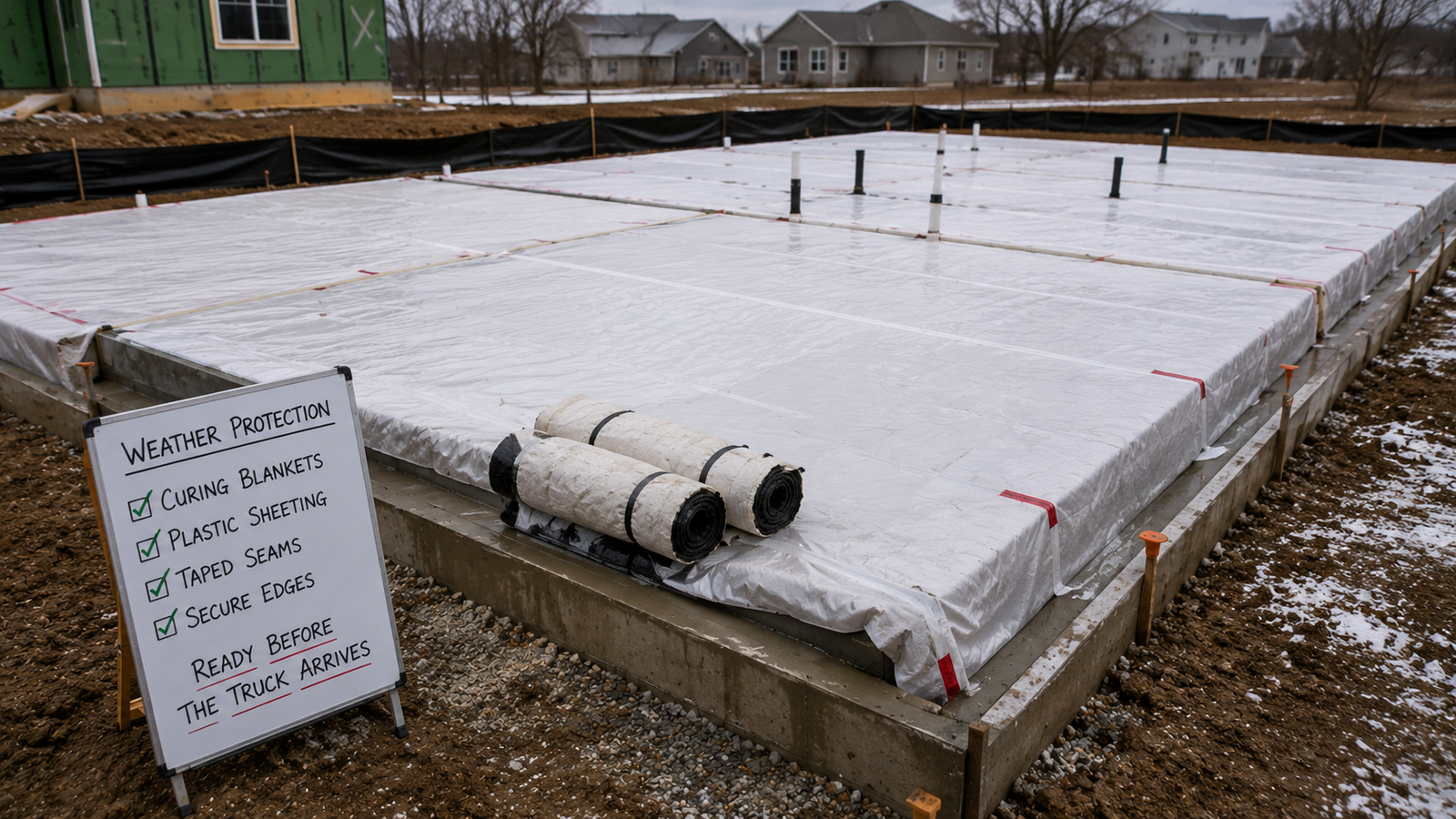 Concrete foundation covered with plastic sheeting and curing blankets for cold-weather protection
