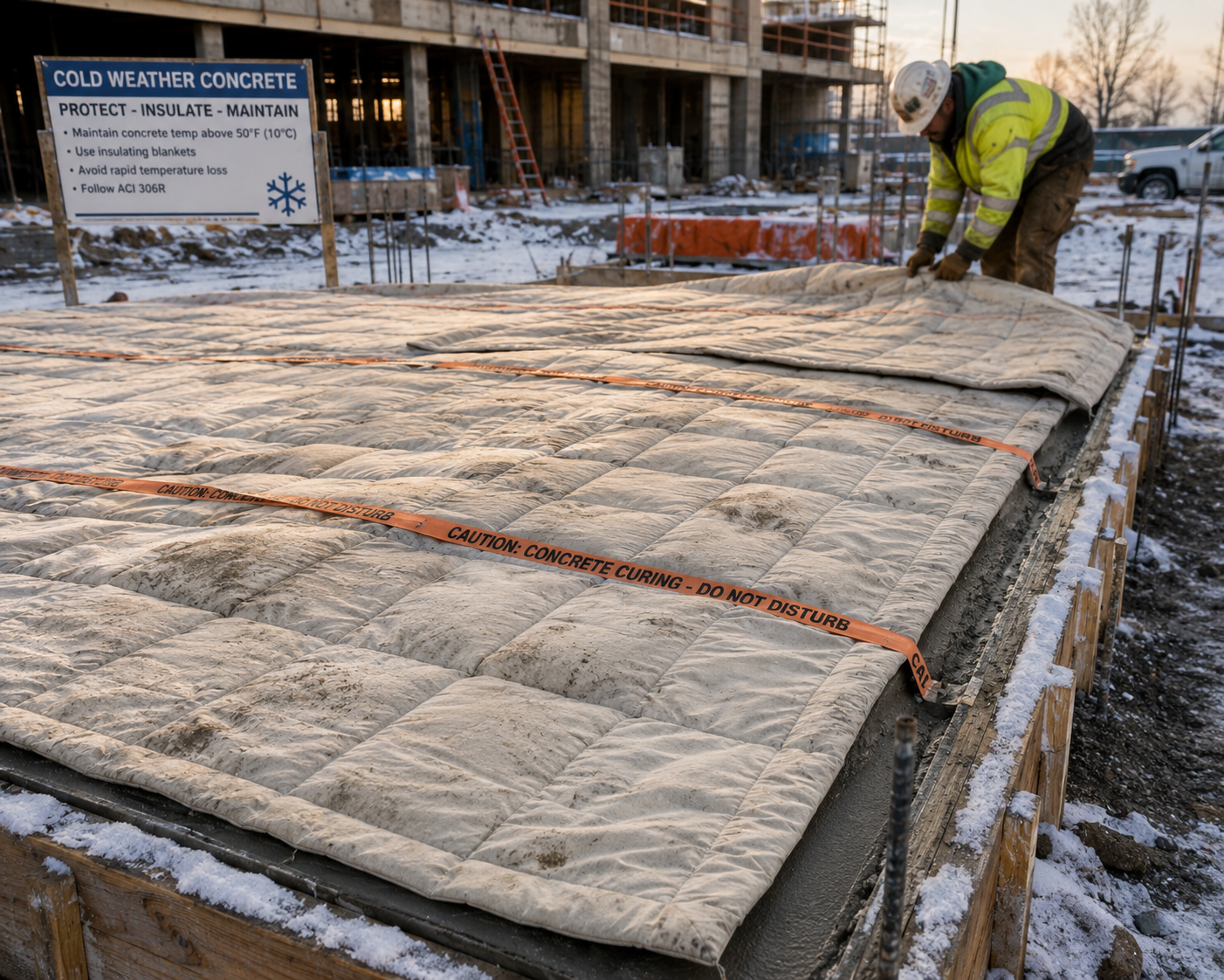 Fresh concrete slab covered with insulating blankets for cold weather curing at a winter construction site