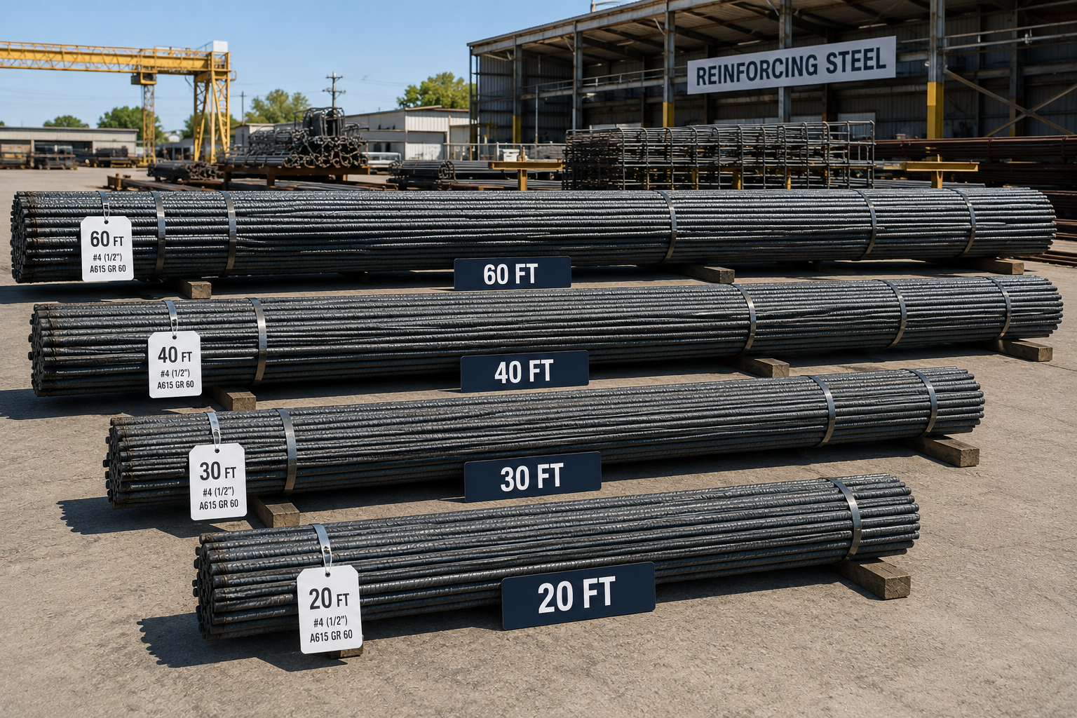 Bundles of #4 Grade 60 reinforcing steel shown in 20-, 30-, 40-, and 60-foot stock lengths.e