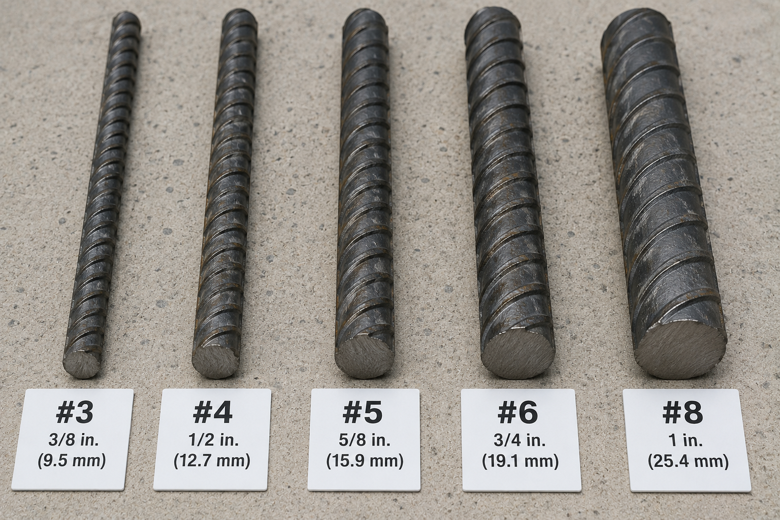 Comparison of #3, #4, #5, #6, and #8 rebar with nominal diameters in inches and millimeters.