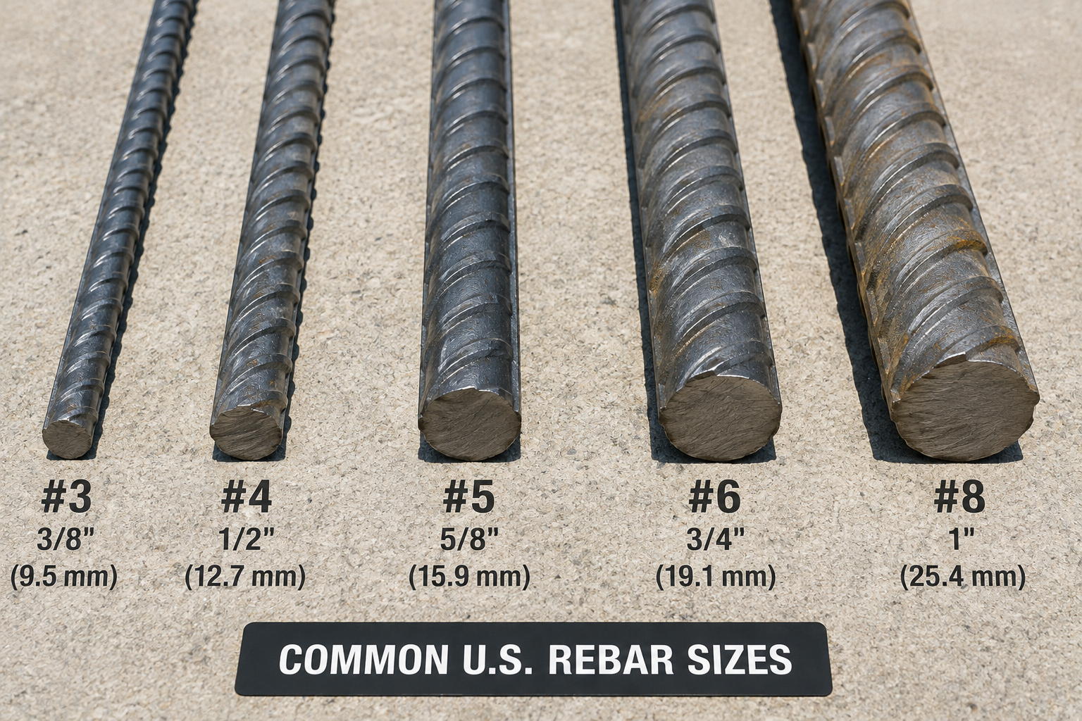 Comparison of #3, #4, #5, #6, and #8 U.S. rebar sizes with diameters in inches and millimeters.