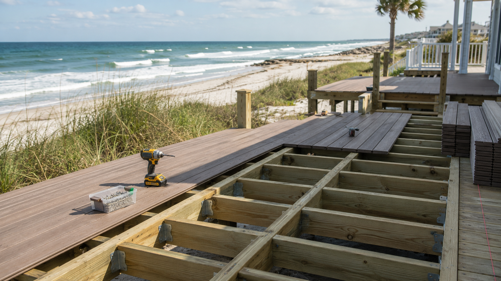 Composite decking boards being installed on a raised deck overlooking a sandy beach