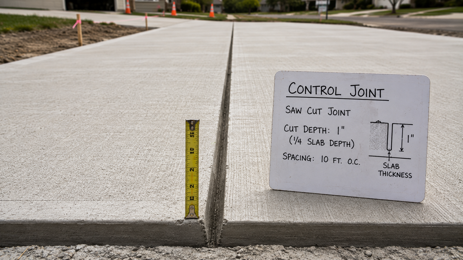 Concrete slab control joint with a 1-inch saw cut measured to approximately one-quarter of slab depth