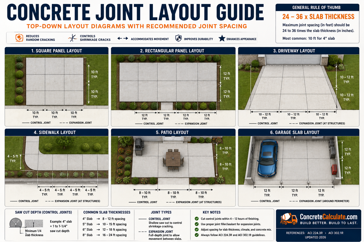 Concrete joint layout guide showing recommended control joint spacing for square slabs, rectangular slabs, driveways, sidewalks, patios, and garage floors, including saw-cut depth, expansion joints, and slab thickness spacing recommendations based on ACI guidelines.