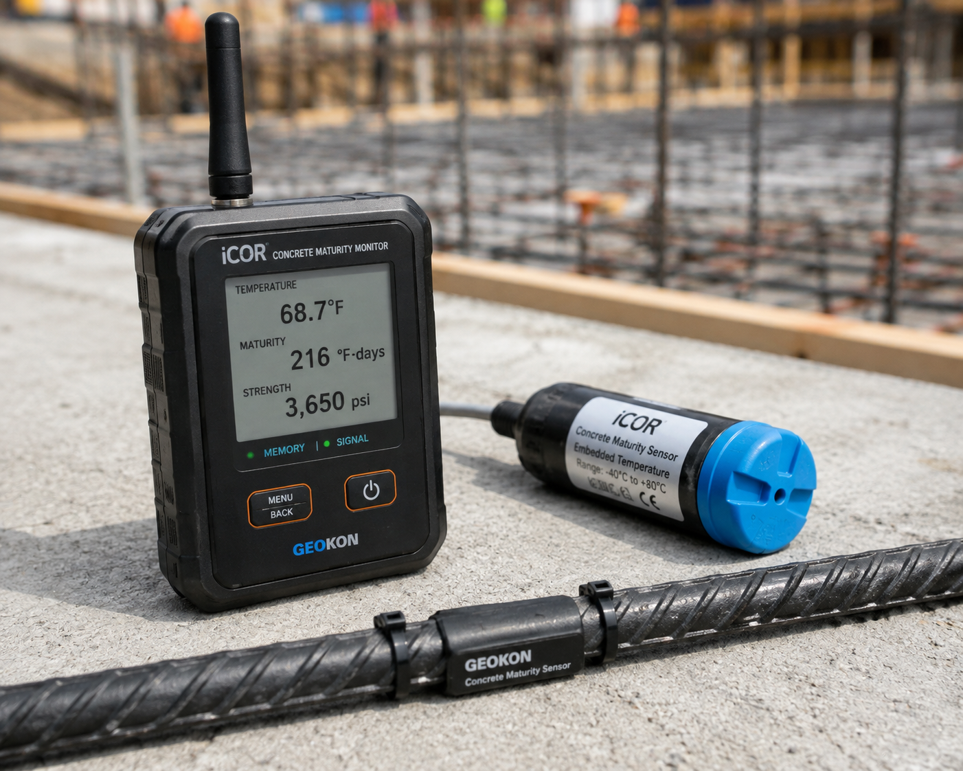 Concrete maturity monitor measuring temperature, maturity, and estimated strength with embedded sensors