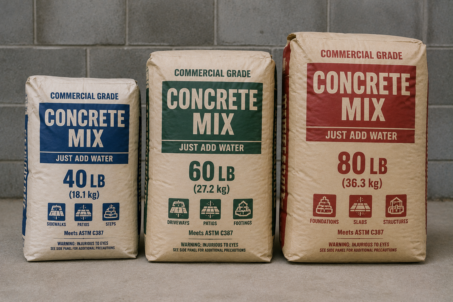 Comparison of 40 lb, 60 lb, and 80 lb concrete mix bag sizes