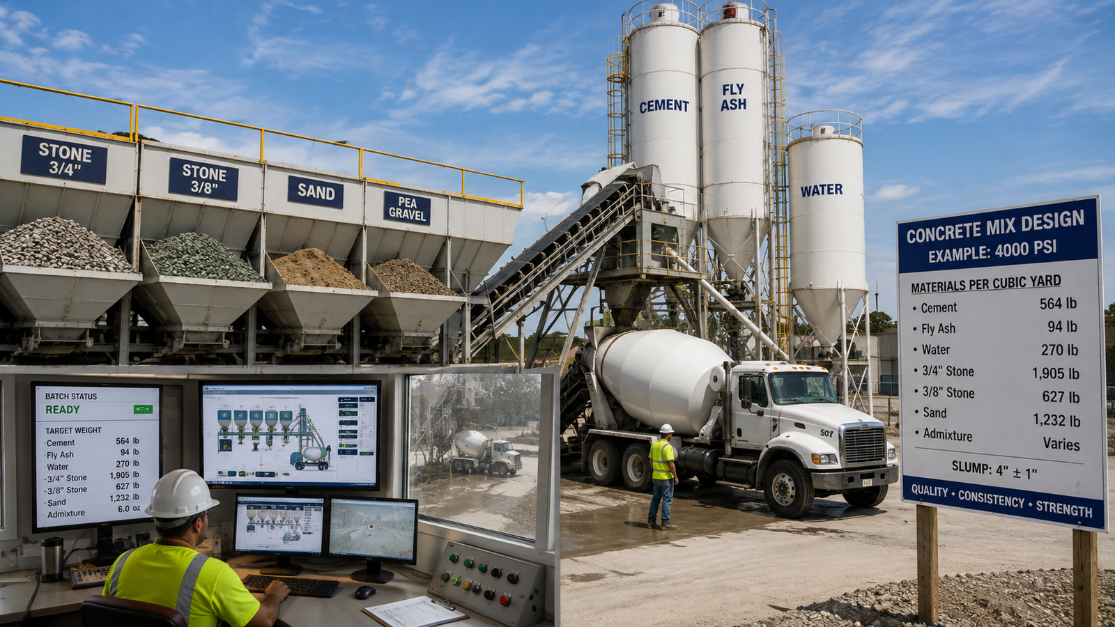 Concrete batch plant with aggregate bins, cement and fly ash silos, and a 4000 PSI mix design