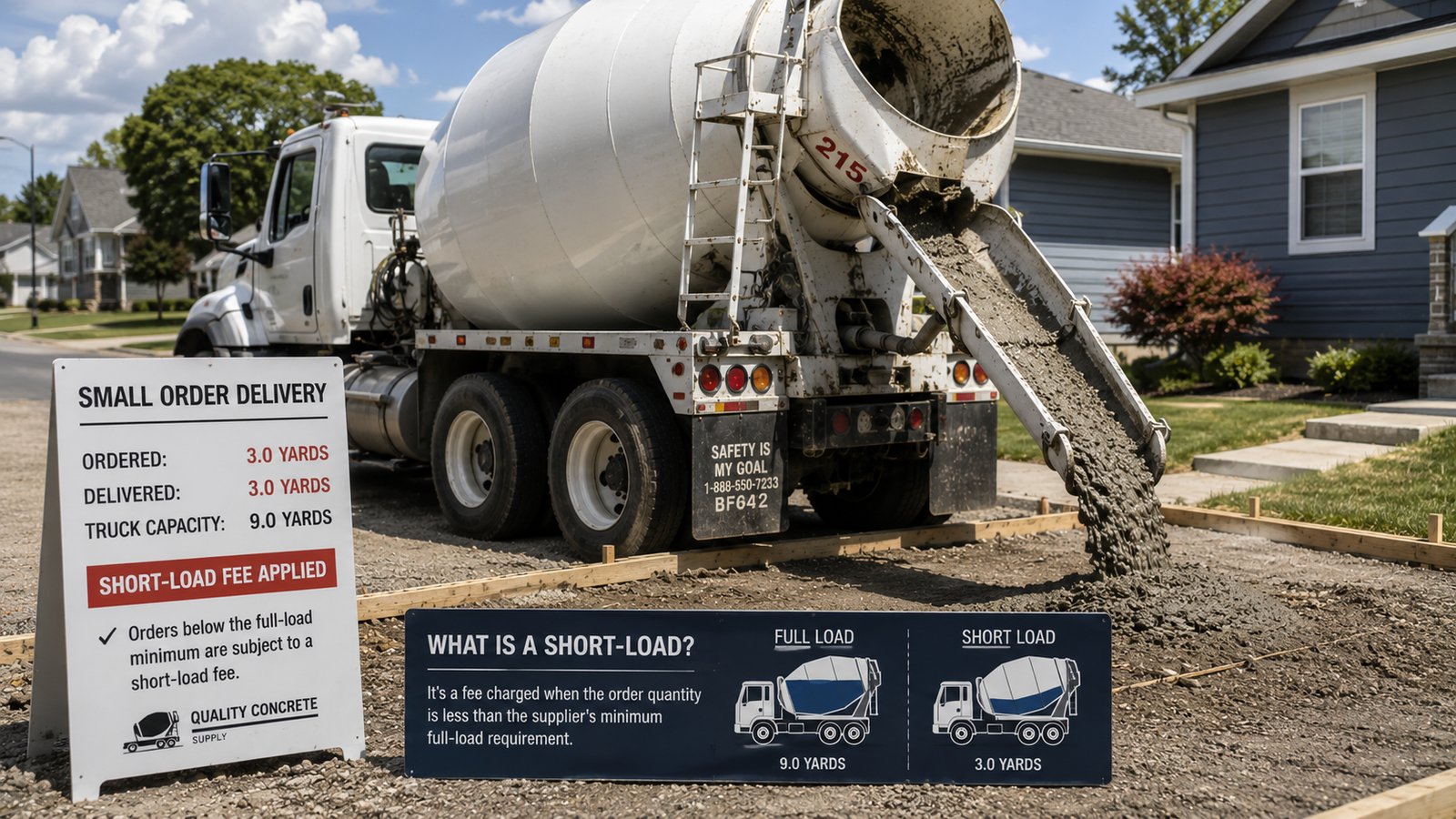 Ready-mix truck delivering 3 cubic yards of concrete with a short-load fee
