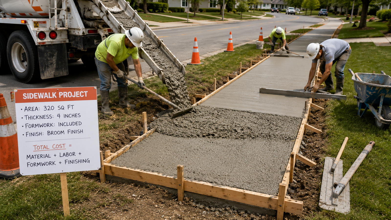 Concrete sidewalk being poured and finished with formwork and workers