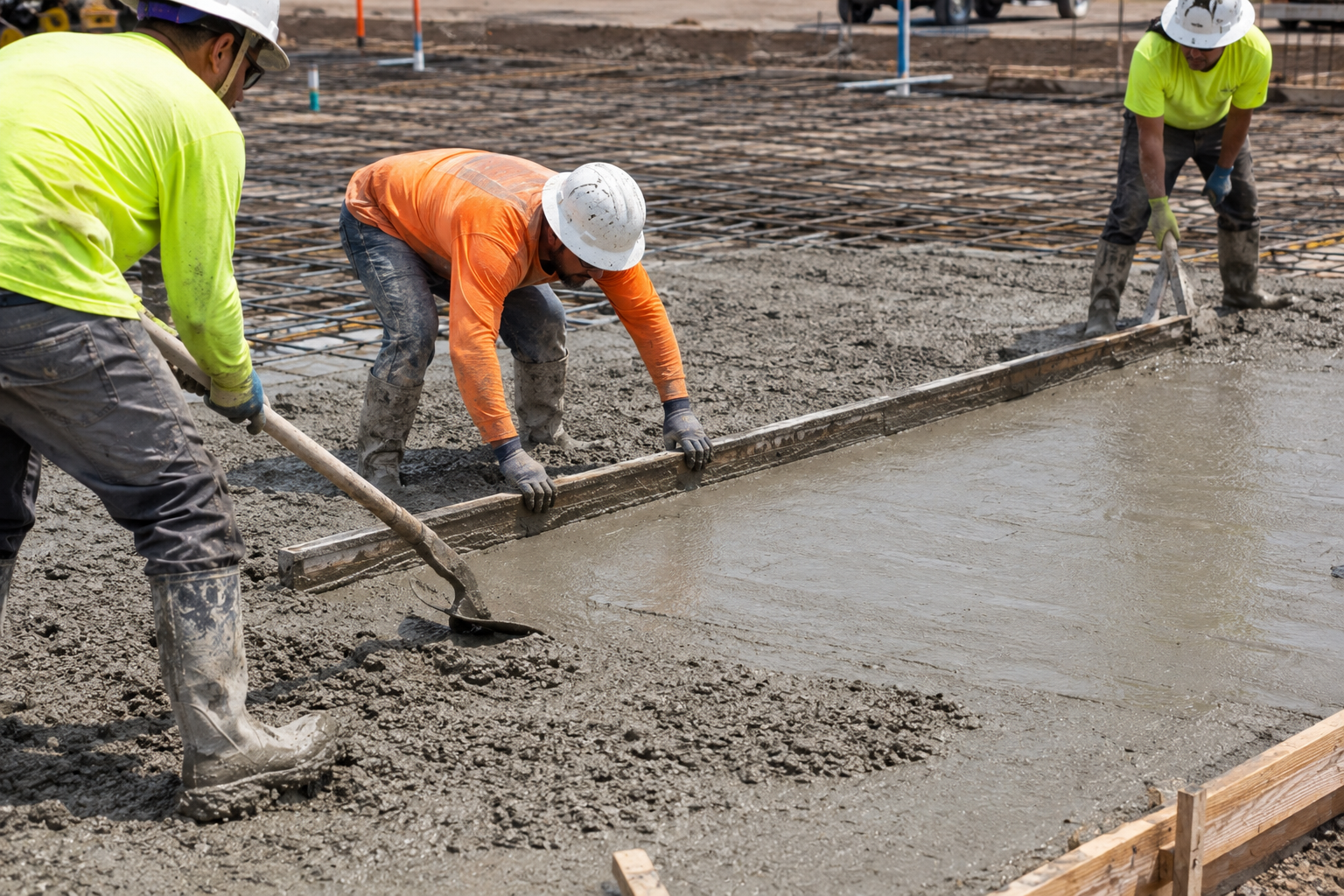 Workers screeding and leveling freshly poured concrete over a reinforced rebar slab