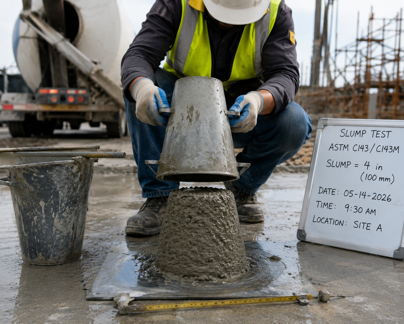 Concrete slump test being performed with a slump cone at a construction site, showing a 4-inch slump