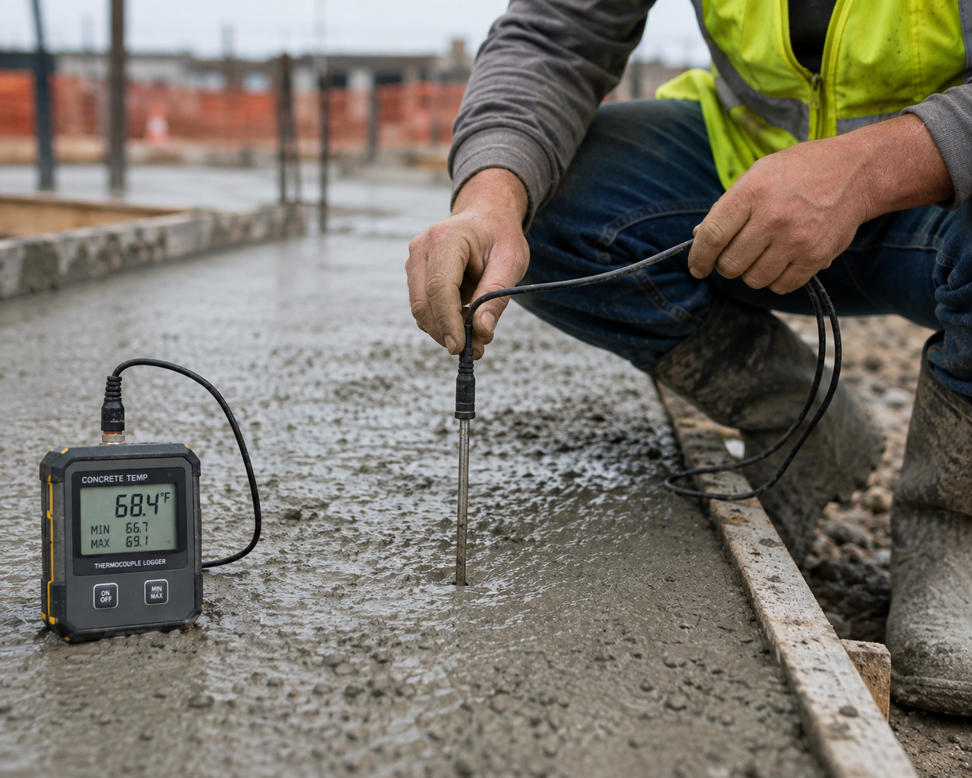 Worker measuring the temperature of freshly poured concrete with a thermocouple temperature logger