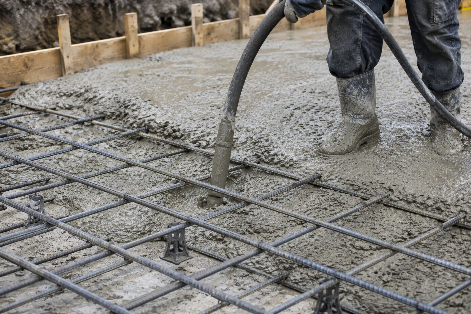 Concrete being compacted with a vibrator around a steel rebar grid during slab construction