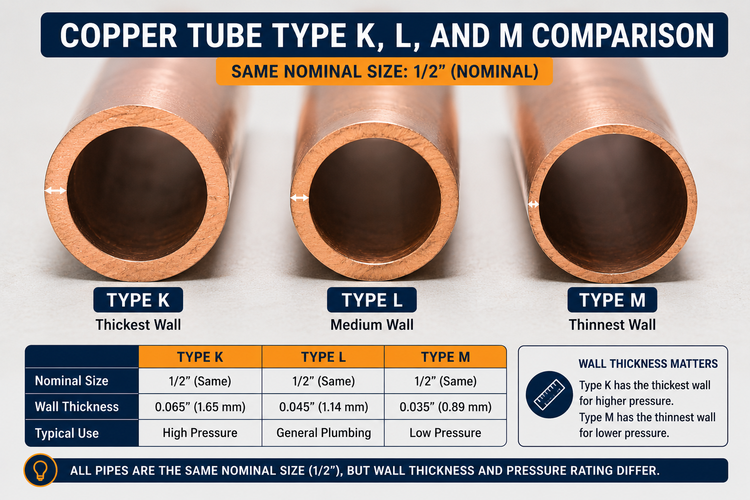 Copper tube Type K, L, and M comparison showing 1/2-inch nominal size, wall thickness, and typical high-, general-, and low-pressure plumbing applications.