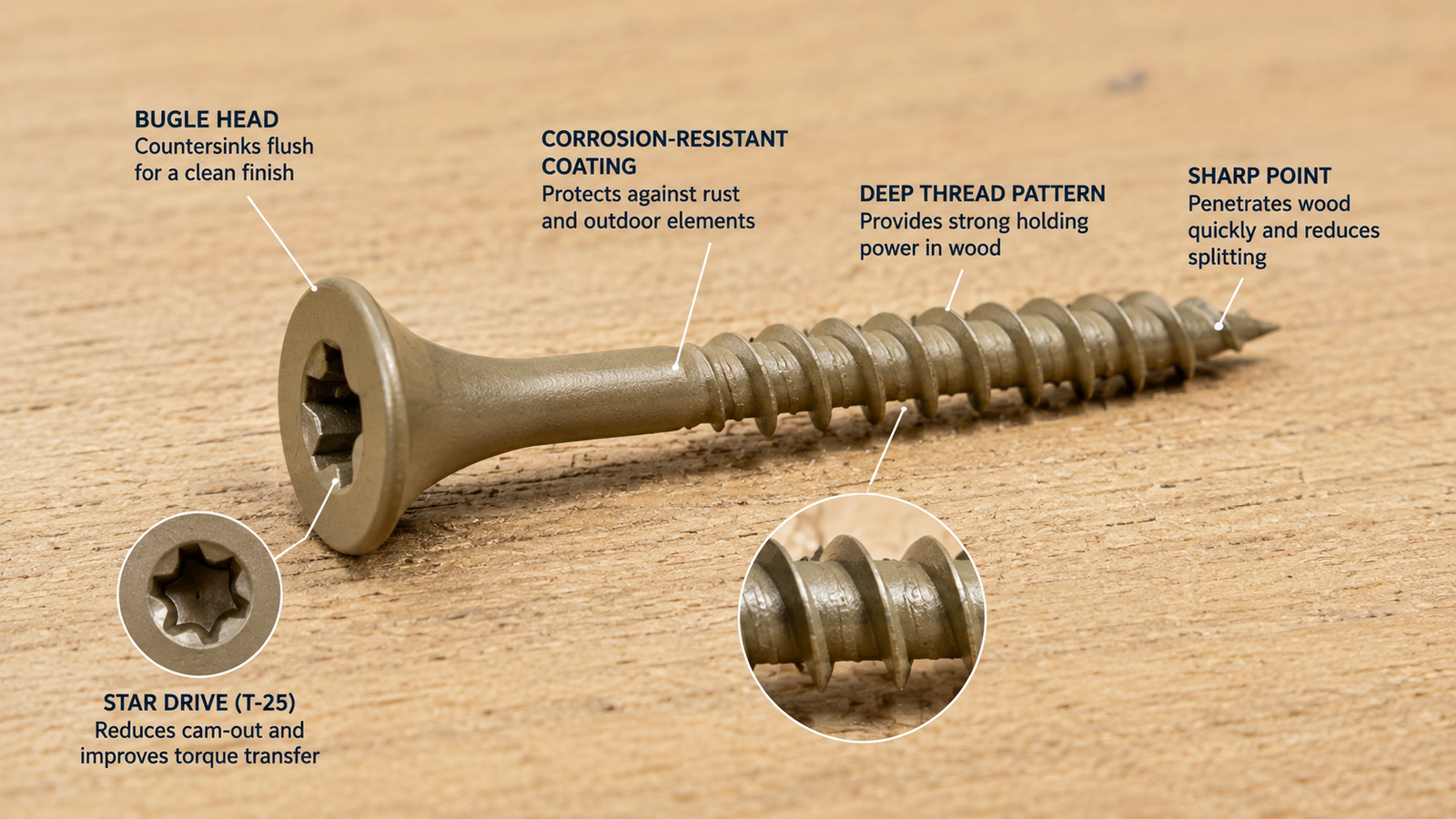 Corrosion-resistant wood screw with bugle head, deep threads, sharp point, and T-25 star drive