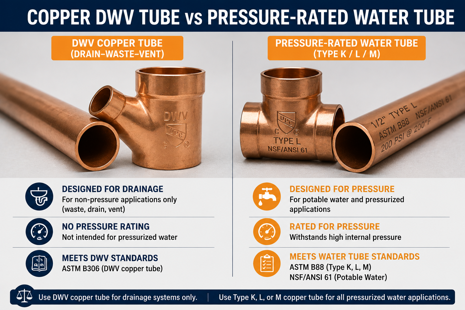 Comparison of DWV copper tube for non-pressure drainage systems and Type K, L, and M copper tube for pressurized water applications, showing uses, pressure ratings, and standards.