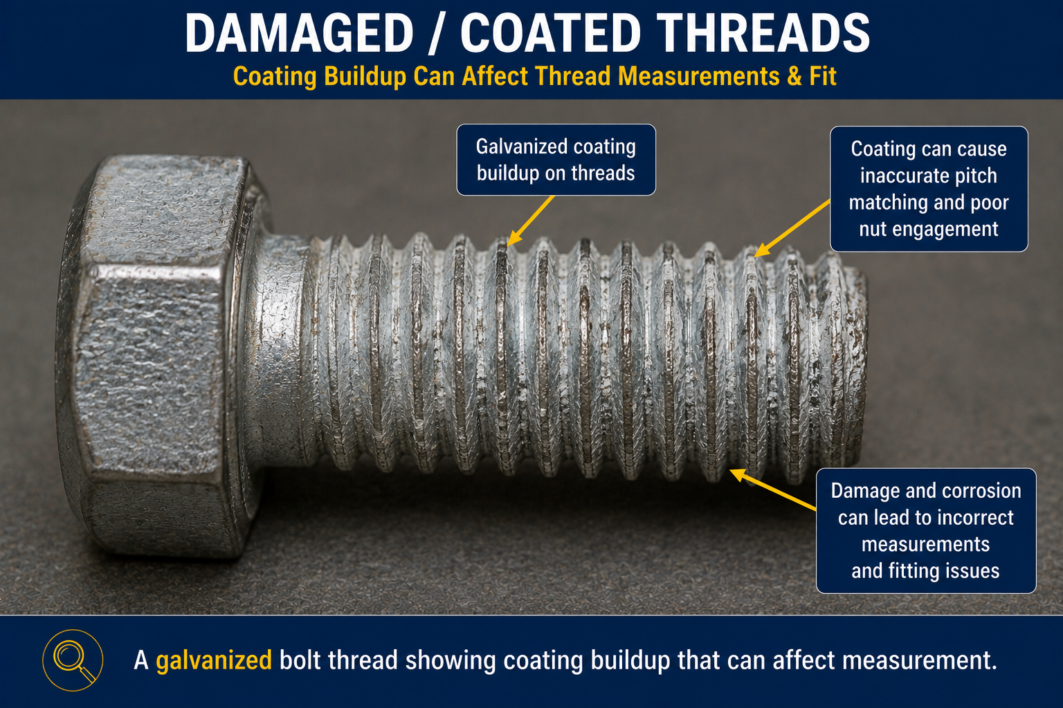Galvanized bolt with damaged and coated threads showing coating buildup, corrosion, and thread damage that can affect pitch measurement, nut engagement, and fastener fit.