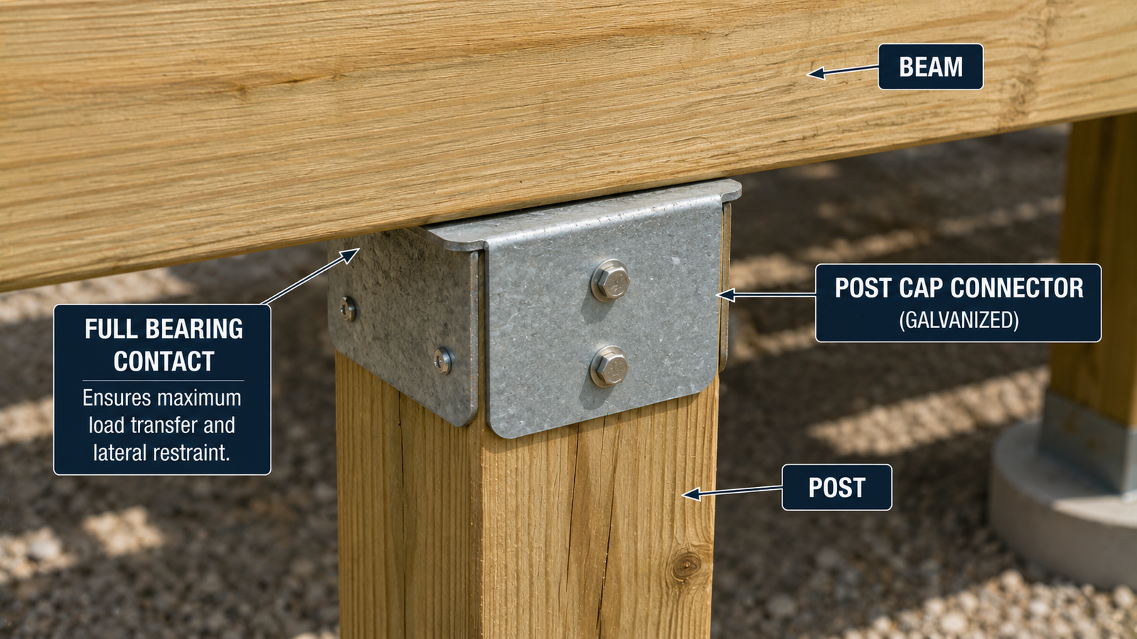Deck beam supported on a wood post with a galvanized post cap connector providing full bearing contact.
