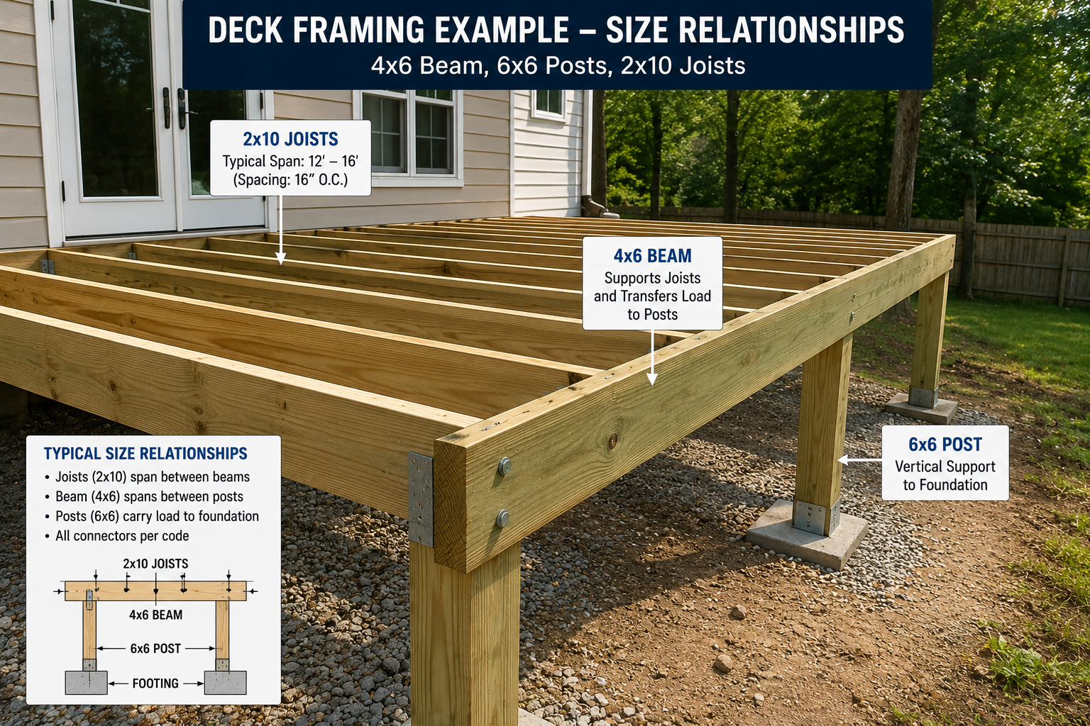 Labeled deck framing example showing the size relationship between 2x10 joists, a 4x6 beam, and 6x6 support posts. The image illustrates how joists span between beams, beams transfer loads to posts, and posts support the structure on concrete footings, with a framing cross-section diagram for reference.