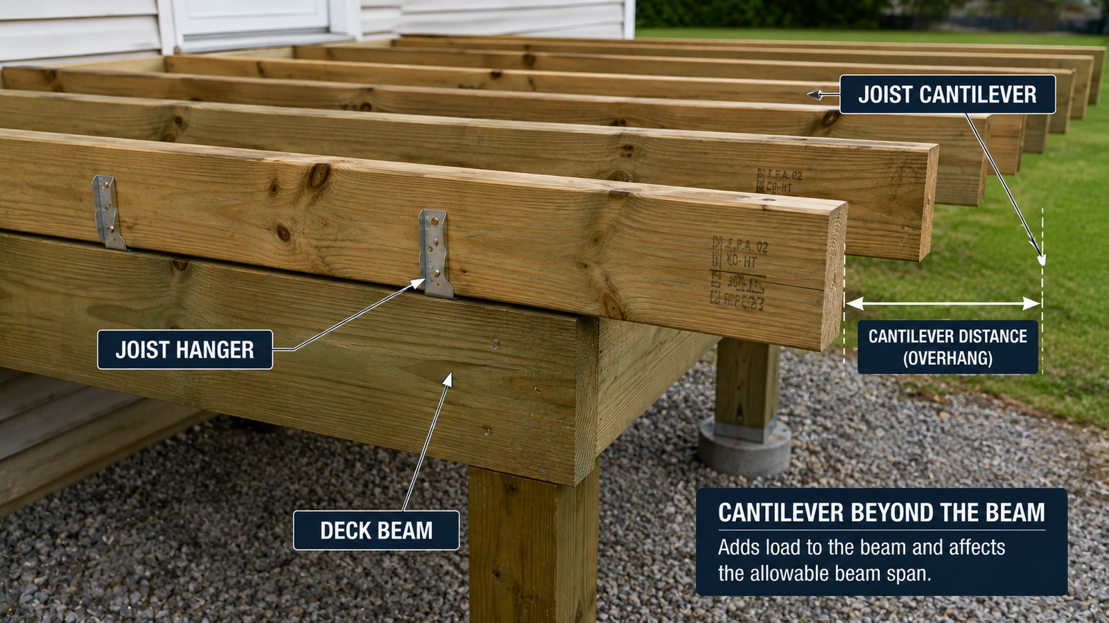 Deck framing showing joist cantilever extending beyond the beam, with joist hangers and overhang distance labeled.