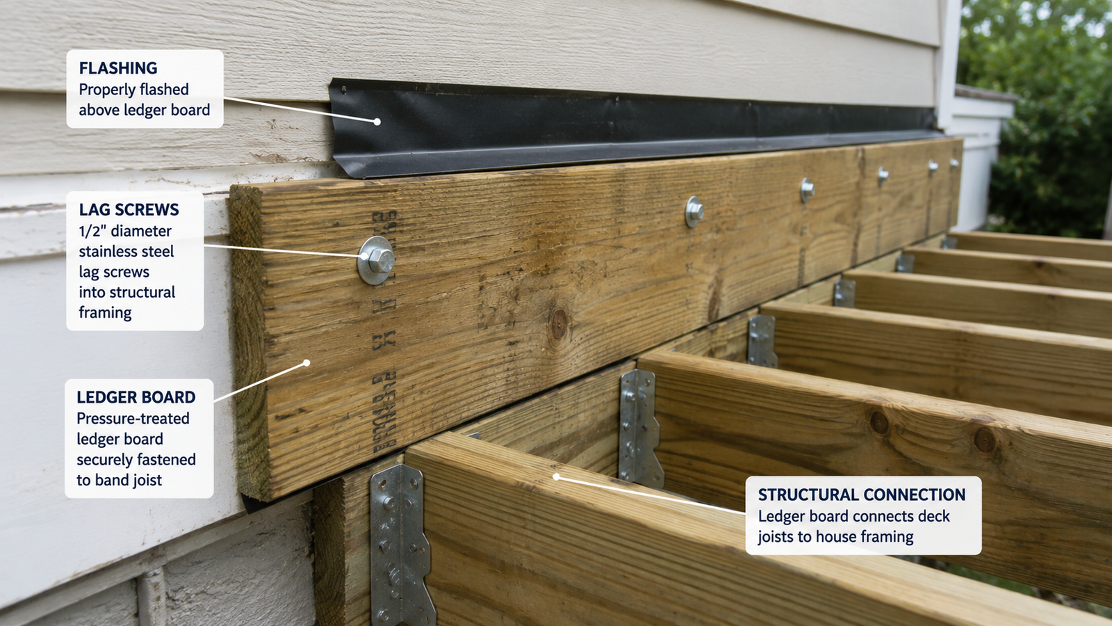 Deck ledger board secured to house framing with lag screws, flashing, and joist connections